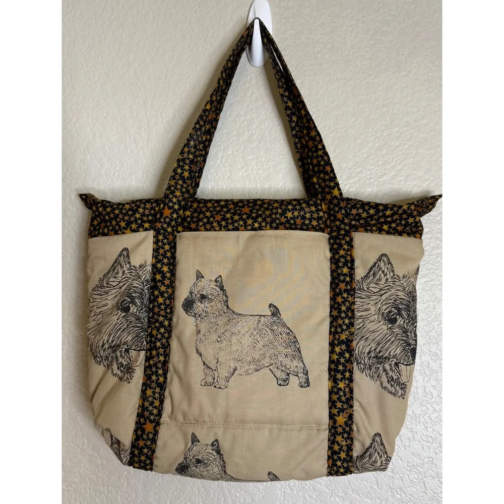Womens Medium Tote Bag Tan Cairn Terrier Dog Puppy Star Print Quilted Zipper